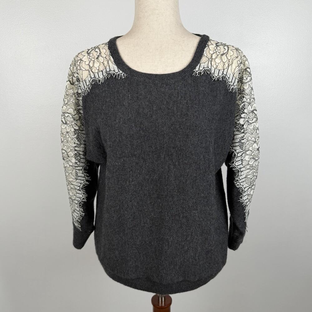 J.Crew Women’s Lace Sleeve Wool Blend Sweater Gray Ivory Small Preppy Coquette